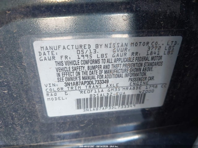 Aukcja sprzedaży 2013 Nissan Sentra Sv, vin: 3N1AB7AP3DL733349, numer aukcji: 46101267