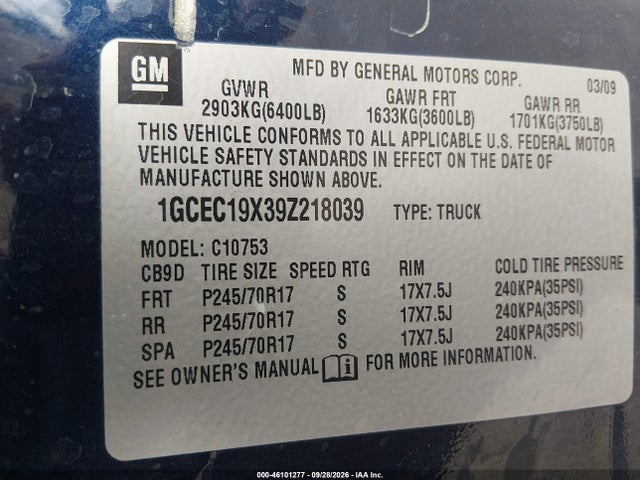 2009 Chevrolet Silverado 1500 Work Truck მანქანა იყიდება აუქციონზე, vin: 1GCEC19X39Z218039, აუქციონის ნომერი: 46101277