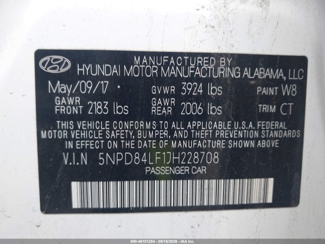 Aukcja sprzedaży 2018 Hyundai Elantra Sel, vin: 5NPD84LF1JH228708, numer aukcji: 46101284