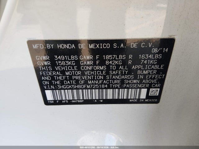 46101298 :رقم المزاد ، 3HGGK5H80FM725184 vin ، 2015 Honda Fit Ex/ex-l مزاد بيع