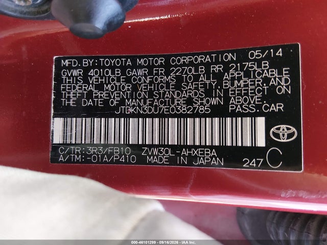46101299 :رقم المزاد ، JTDKN3DU7E0382785 vin ، 2014 Toyota Prius Two مزاد بيع