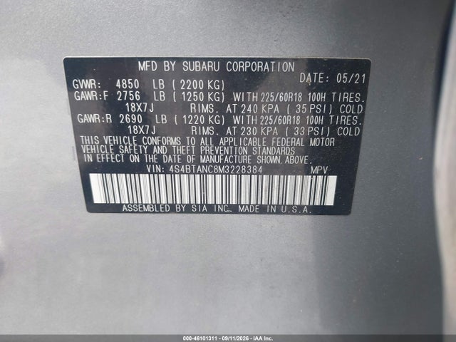 46101311 :رقم المزاد ، 4S4BTANC8M3228384 vin ، 2021 Subaru Outback Limited مزاد بيع
