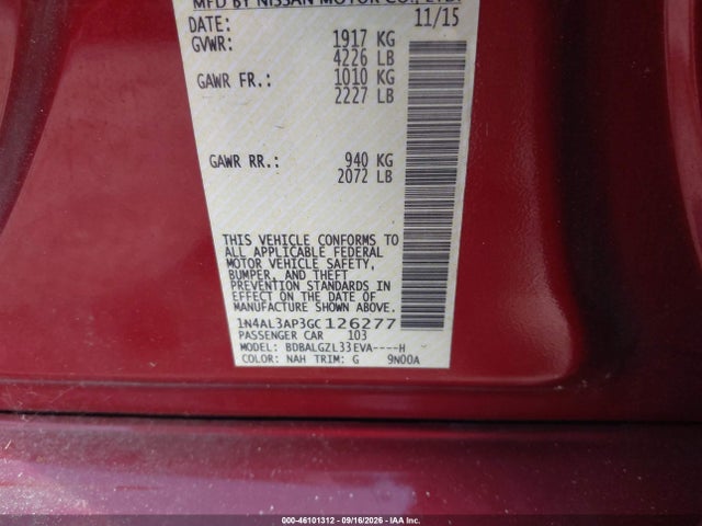 Aukcja sprzedaży 2016 Nissan Altima 2.5 S, vin: 1N4AL3AP3GC126277, numer aukcji: 46101312