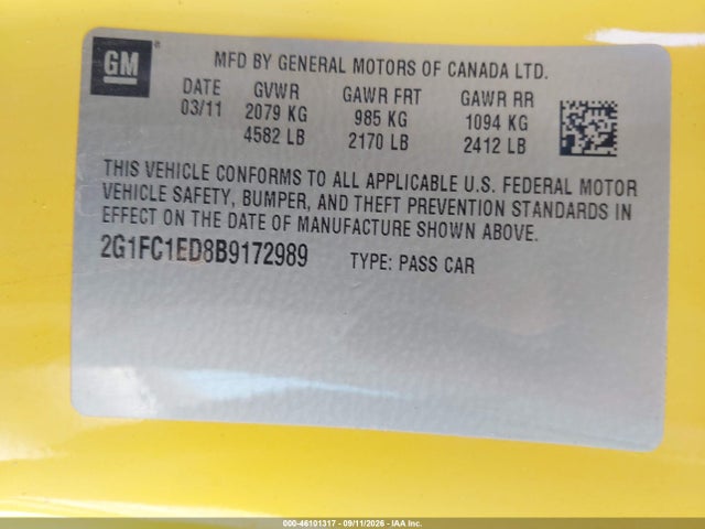 Aukcja sprzedaży 2011 Chevrolet Camaro 2lt, vin: 2G1FC1ED8B9172989, numer aukcji: 46101317