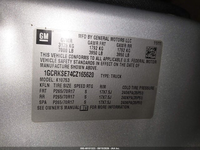 46101323 :رقم المزاد ، 1GCRKSE74CZ165620 vin ، 2012 Chevrolet Silverado 1500 Lt مزاد بيع