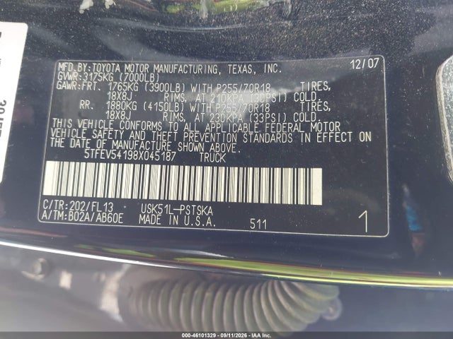 2008 Toyota Tundra Sr5 5.7l V8 მანქანა იყიდება აუქციონზე, vin: 5TFEV54198X045187, აუქციონის ნომერი: 46101329