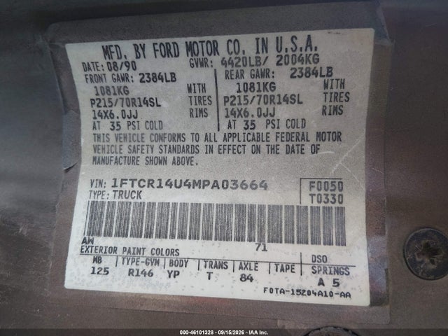46101328 :رقم المزاد ، 1FTCR14U4MPA03664 vin ، 1991 Ford Ranger Super Cab مزاد بيع
