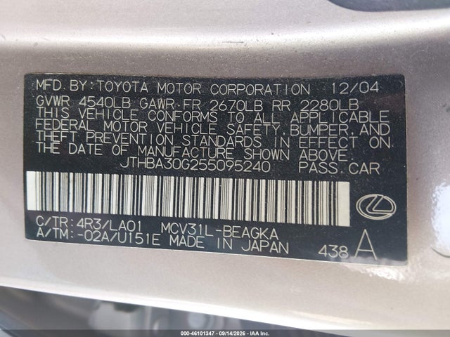 2005 Lexus Es 330 მანქანა იყიდება აუქციონზე, vin: JTHBA30G255095240, აუქციონის ნომერი: 46101347