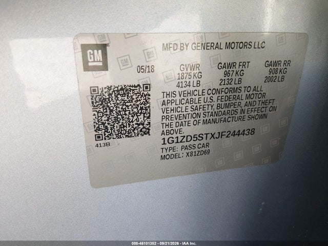 46101352 :رقم المزاد ، 1G1ZD5STXJF244438 vin ، 2018 Chevrolet Malibu Lt مزاد بيع