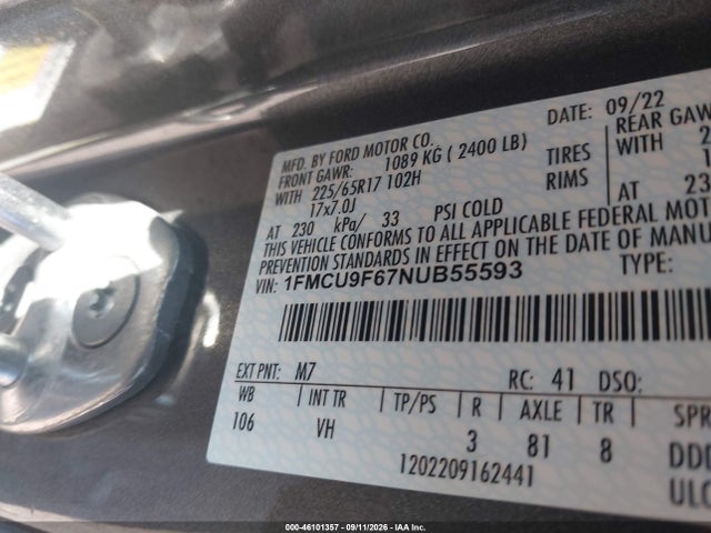 46101357 :رقم المزاد ، 1FMCU9F67NUB55593 vin ، 2022 Ford Escape S مزاد بيع