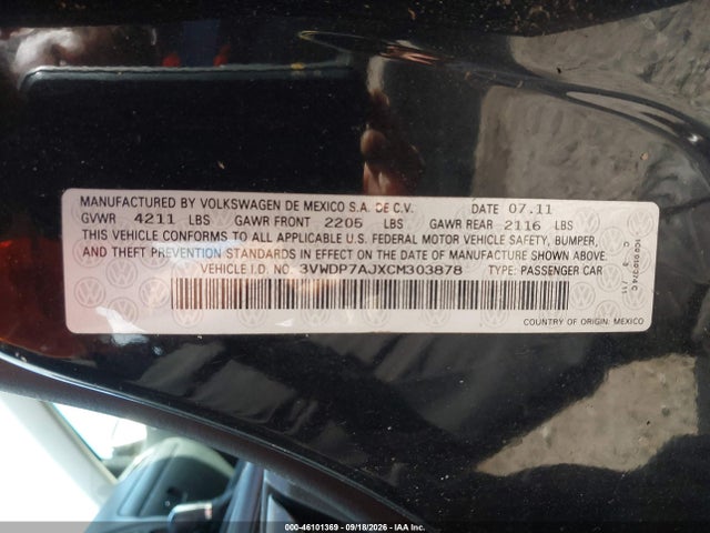 Продаж на аукціоні авто 2012 Volkswagen Jetta 2.5l Se, vin: 3VWDP7AJXCM303878, номер лоту: 46101369
