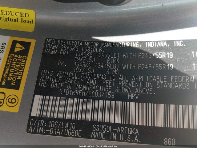 46101380 :رقم المزاد ، 5TDYKRFH7ES037159 vin ، 2014 Toyota Highlander Limited V6 مزاد بيع