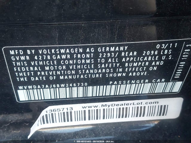 Aukcja sprzedaży 2011 Volkswagen Golf 2.5l 4-door, vin: WVWDA7AJ6BW246730, numer aukcji: 46101403