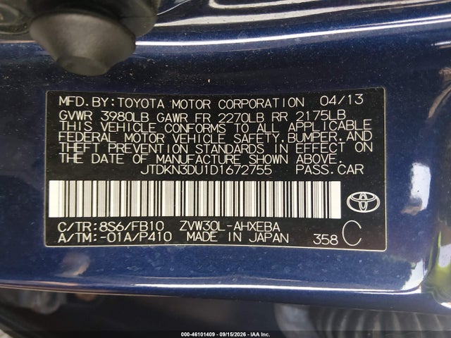 Продаж на аукціоні авто 2013 Toyota Prius Three, vin: JTDKN3DU1D1672755, номер лоту: 46101409
