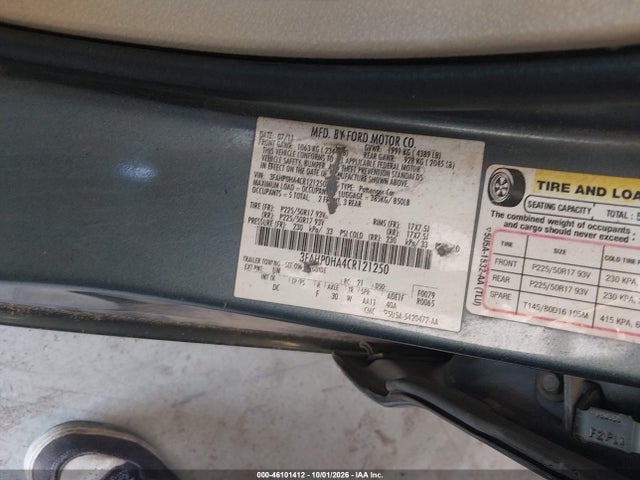 46101412 :رقم المزاد ، 3FAHP0HA4CR121250 vin ، 2012 Ford Fusion Se مزاد بيع
