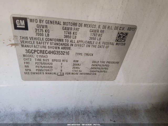 Aukcja sprzedaży 2017 Chevrolet Silverado 1500 1lt, vin: 3GCPCREC4HG353216, numer aukcji: 46101430