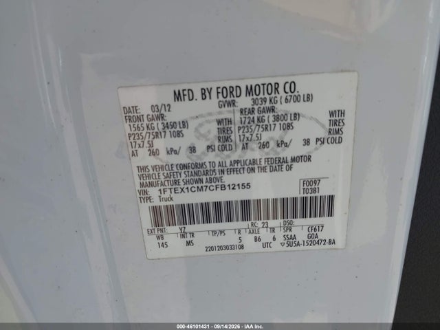 Продаж на аукціоні авто 2012 Ford F-150 Xlt, vin: 1FTEX1CM7CFB12155, номер лоту: 46101431