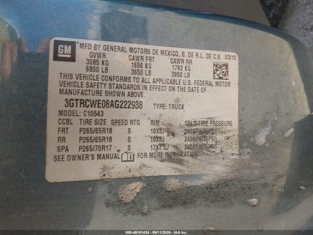 46101434 :رقم المزاد ، 3GTRCWE08AG222938 vin ، 2010 Gmc Sierra 1500 Slt مزاد بيع