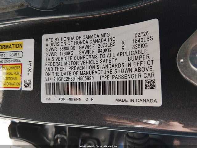 46101457 :رقم المزاد ، 2HGFE2F59TH565990 vin ، 2026 Honda Civic Sport مزاد بيع