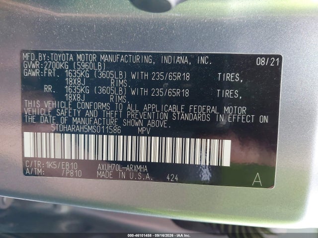 Aukcja sprzedaży 2021 Toyota Highlander Hybrid Xle, vin: 5TDHARAH5MS011586, numer aukcji: 46101458
