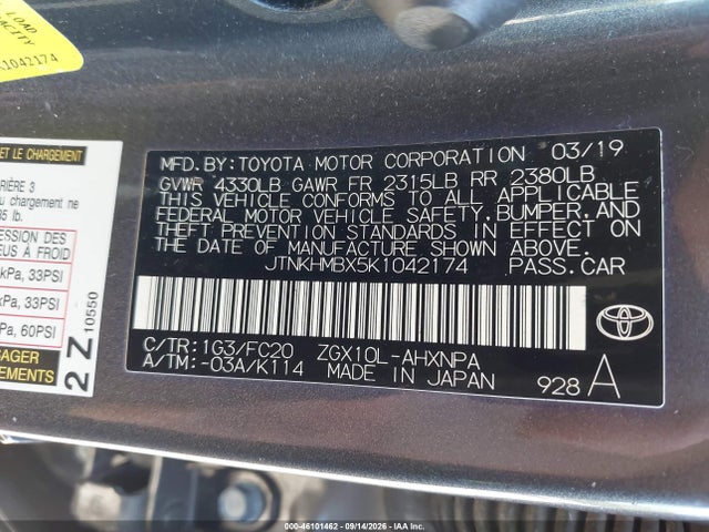 46101462 :رقم المزاد ، JTNKHMBX5K1042174 vin ، 2019 Toyota C-hr Le مزاد بيع