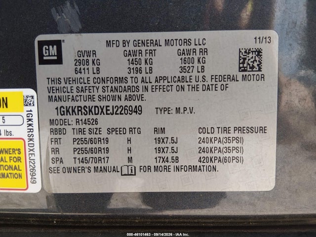 46101463 :رقم المزاد ، 1GKKRSKDXEJ226949 vin ، 2014 Gmc Acadia Slt مزاد بيع