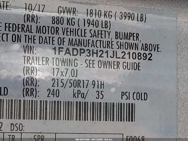 2018 Ford Focus Sel მანქანა იყიდება აუქციონზე, vin: 1FADP3H21JL210892, აუქციონის ნომერი: 46101489