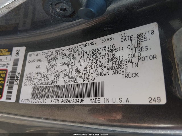 2011 Toyota Tacoma მანქანა იყიდება აუქციონზე, vin: 5TFPX4ENXBX002063, აუქციონის ნომერი: 46101492