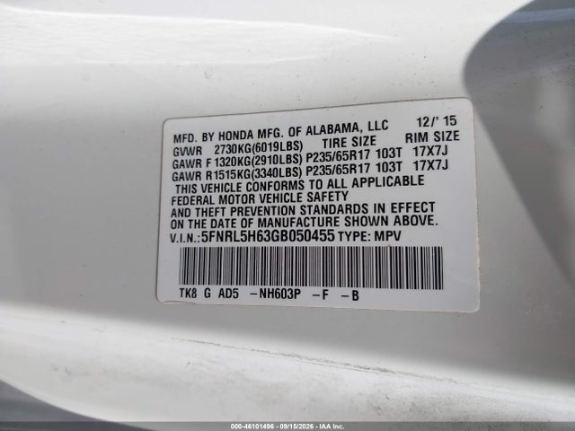 Aukcja sprzedaży 2016 Honda Odyssey Ex-l, vin: 5FNRL5H63GB050455, numer aukcji: 46101496