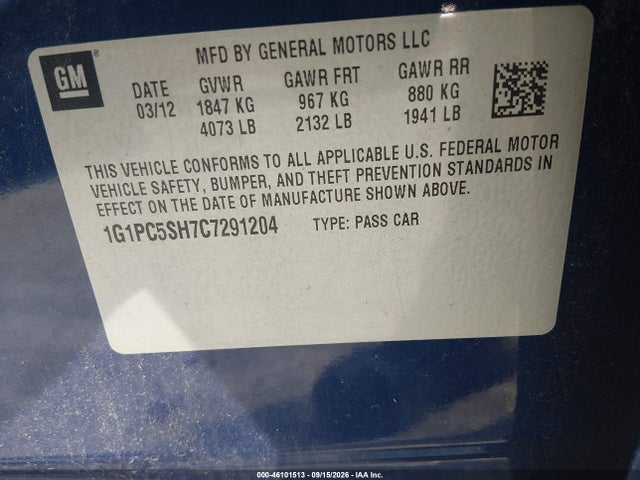 2012 Chevrolet Cruze Ls მანქანა იყიდება აუქციონზე, vin: 1G1PC5SH7C7291204, აუქციონის ნომერი: 46101513