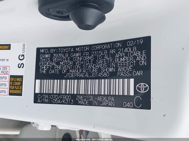 46101526 :رقم المزاد ، JTDEPRAE4LJ014580 vin ، 2020 Toyota Corolla Le مزاد بيع
