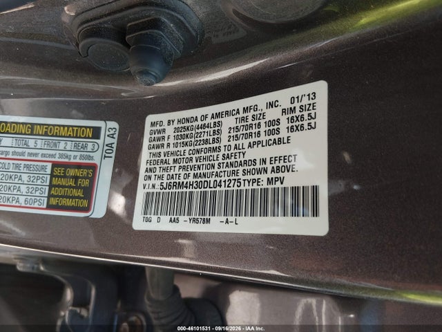 2013 Honda Cr-v Lx მანქანა იყიდება აუქციონზე, vin: 5J6RM4H30DL041275, აუქციონის ნომერი: 46101531