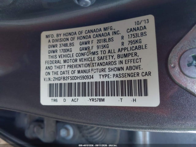 Продаж на аукціоні авто 2013 Honda Civic Lx, vin: 2HGFB2F50DH590934, номер лоту: 46101536