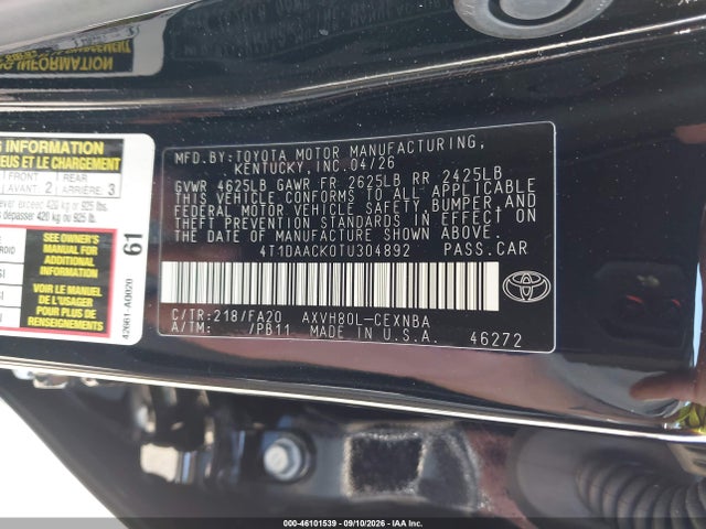 Toyota CAMRY LE 2026 4T1DAACK0TU304892 Image 9