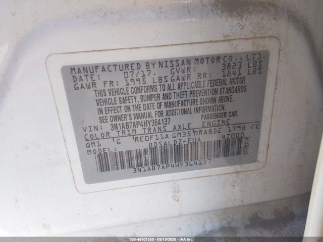 2017 Nissan Sentra Sv მანქანა იყიდება აუქციონზე, vin: 3N1AB7AP4HY364137, აუქციონის ნომერი: 46101550