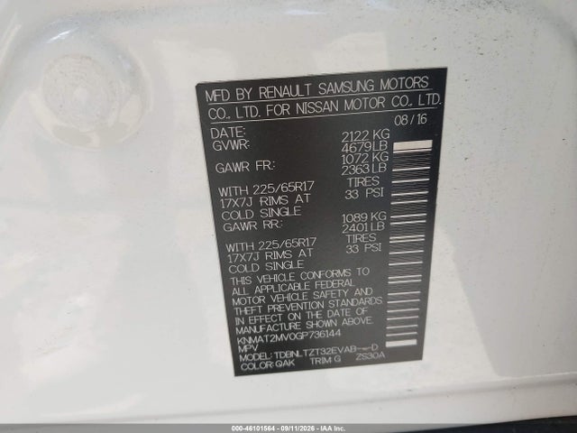 46101564 :رقم المزاد ، KNMAT2MV0GP736144 vin ، 2016 Nissan Rogue Sv مزاد بيع