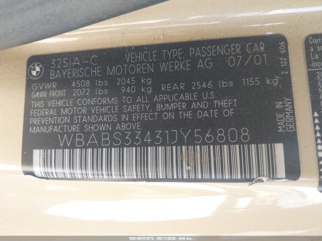 46101575 :رقم المزاد ، WBABS33431JY56808 vin ، 2001 Bmw 325ci مزاد بيع