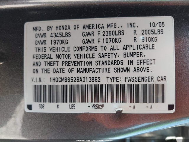 Aukcja sprzedaży 2006 Honda Accord 3.0 Ex, vin: 1HGCM66526A013862, numer aukcji: 46101585