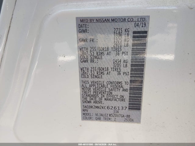 Nissan Pathfinder Sv 2019 5N1DR2MN2KC626137 Image 9