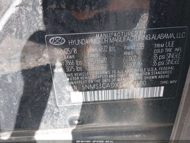 Продаж на аукціоні авто 2019 Hyundai Santa Fe Sel, vin: 5NMS3CADXKH044500, номер лоту: 46101600