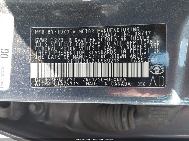 Продаж на аукціоні авто 2018 Toyota Corolla Xle, vin: 2T1BURHE2JC969212, номер лоту: 46101604