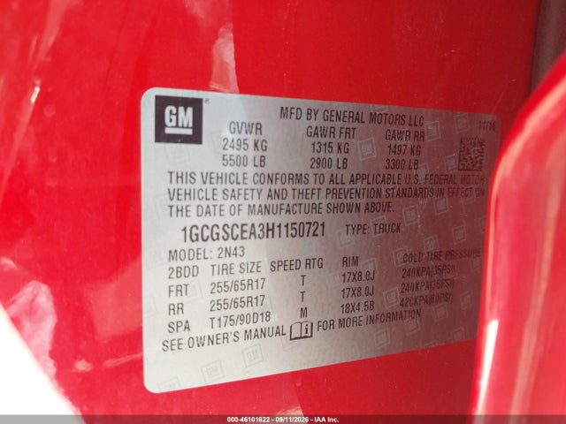 2017 Chevrolet Colorado Lt მანქანა იყიდება აუქციონზე, vin: 1GCGSCEA3H1150721, აუქციონის ნომერი: 46101622