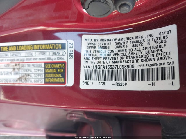 Aukcja sprzedaży 2007 Honda Civic Lx, vin: 1HGFA16537L098905, numer aukcji: 46101628