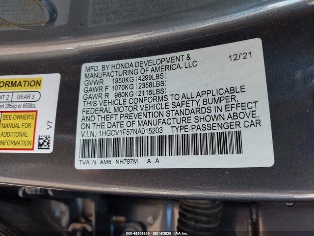 2022 Honda Accord Ex-l მანქანა იყიდება აუქციონზე, vin: 1HGCV1F57NA015203, აუქციონის ნომერი: 46101640