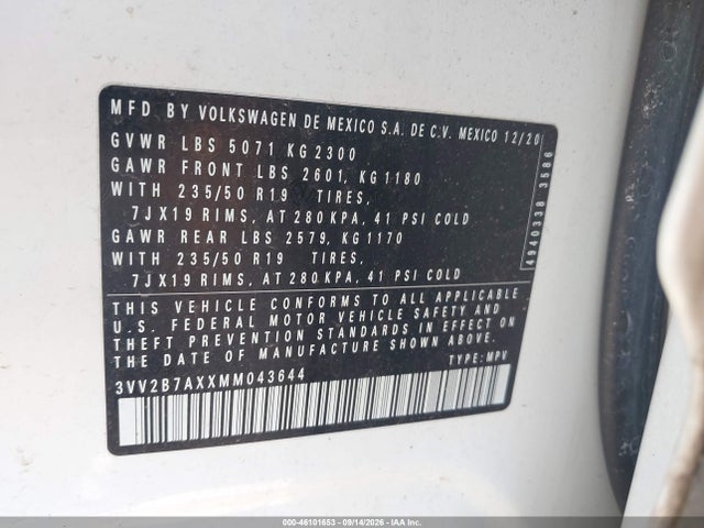 46101653 :رقم المزاد ، 3VV2B7AXXMM043644 vin ، 2021 Volkswagen Tiguan 2.0t Se/2.0t Se R-line Black/2.0t Sel مزاد بيع