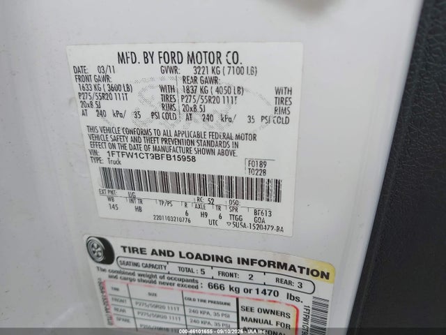 Aukcja sprzedaży 2011 Ford F-150 Lariat, vin: 1FTFW1CT9BFB15958, numer aukcji: 46101655