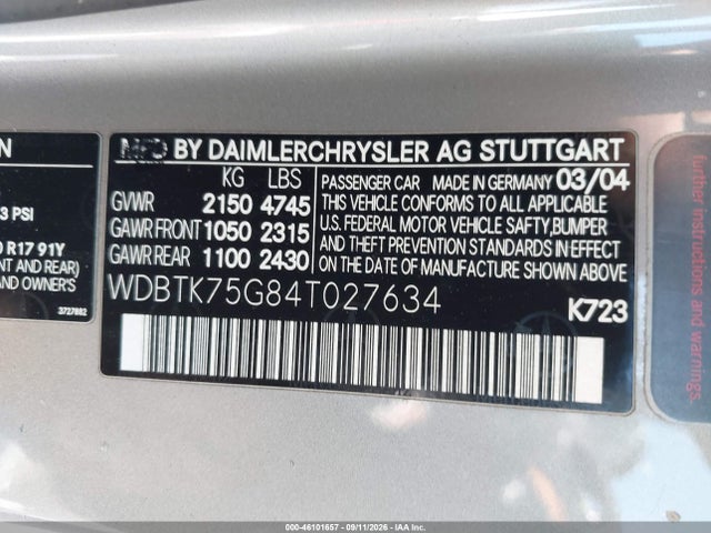 Aukcja sprzedaży 2004 Mercedes-benz Clk 500, vin: WDBTK75G84T027634, numer aukcji: 46101657