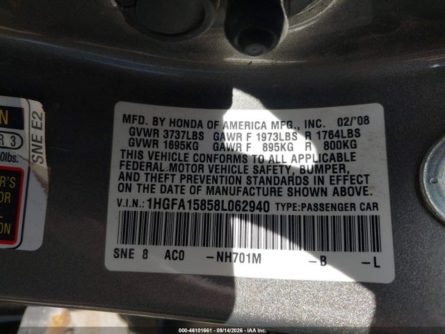 2008 Honda Civic Ex მანქანა იყიდება აუქციონზე, vin: 1HGFA15858L062940, აუქციონის ნომერი: 46101661