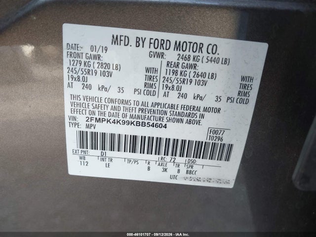 2019 Ford Edge Titanium მანქანა იყიდება აუქციონზე, vin: 2FMPK4K99KBB54604, აუქციონის ნომერი: 46101707