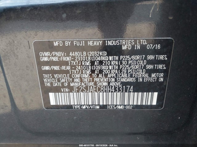 Продаж на аукціоні авто 2017 Subaru Forester 2.5i Premium, vin: JF2SJAEC8HH433174, номер лоту: 46101708